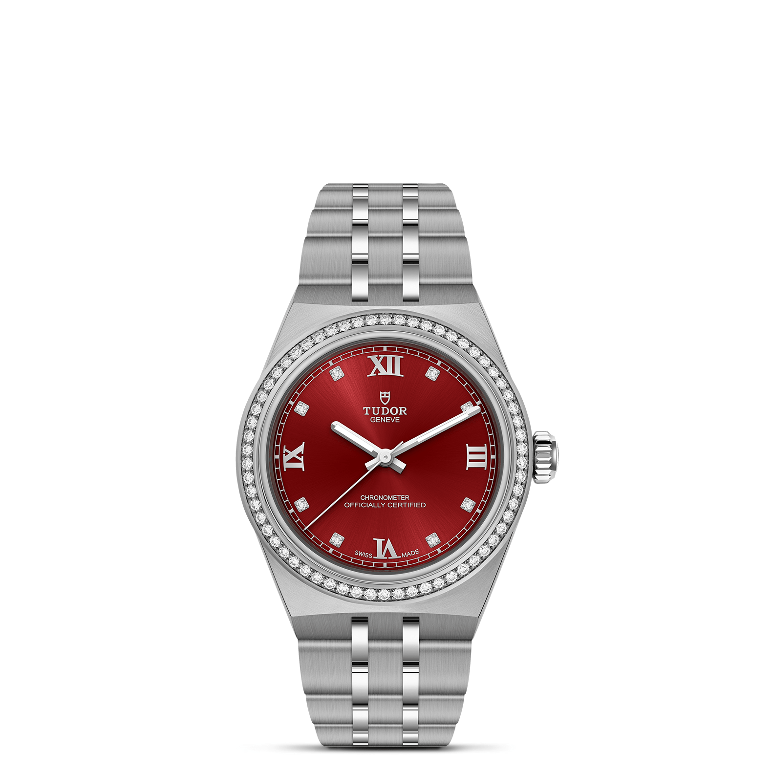 Tudor watch with red dial and silver bracelet on a white background