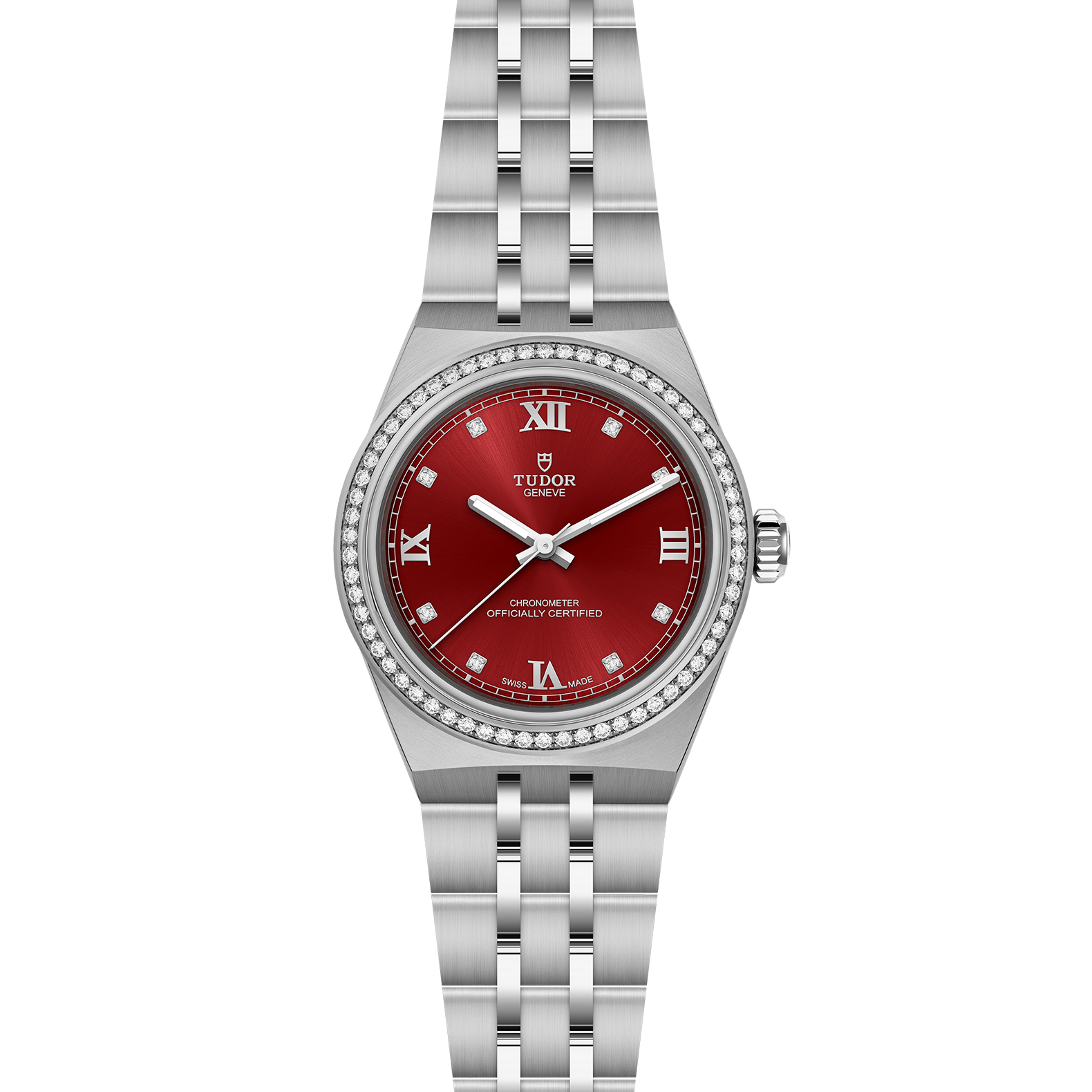 Silver watch with a red face open bracelet on a white background