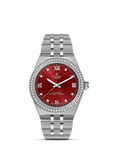 Tudor watch with red dial and silver bracelet on a white background