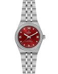 Silver watch with a red face open bracelet on a white background