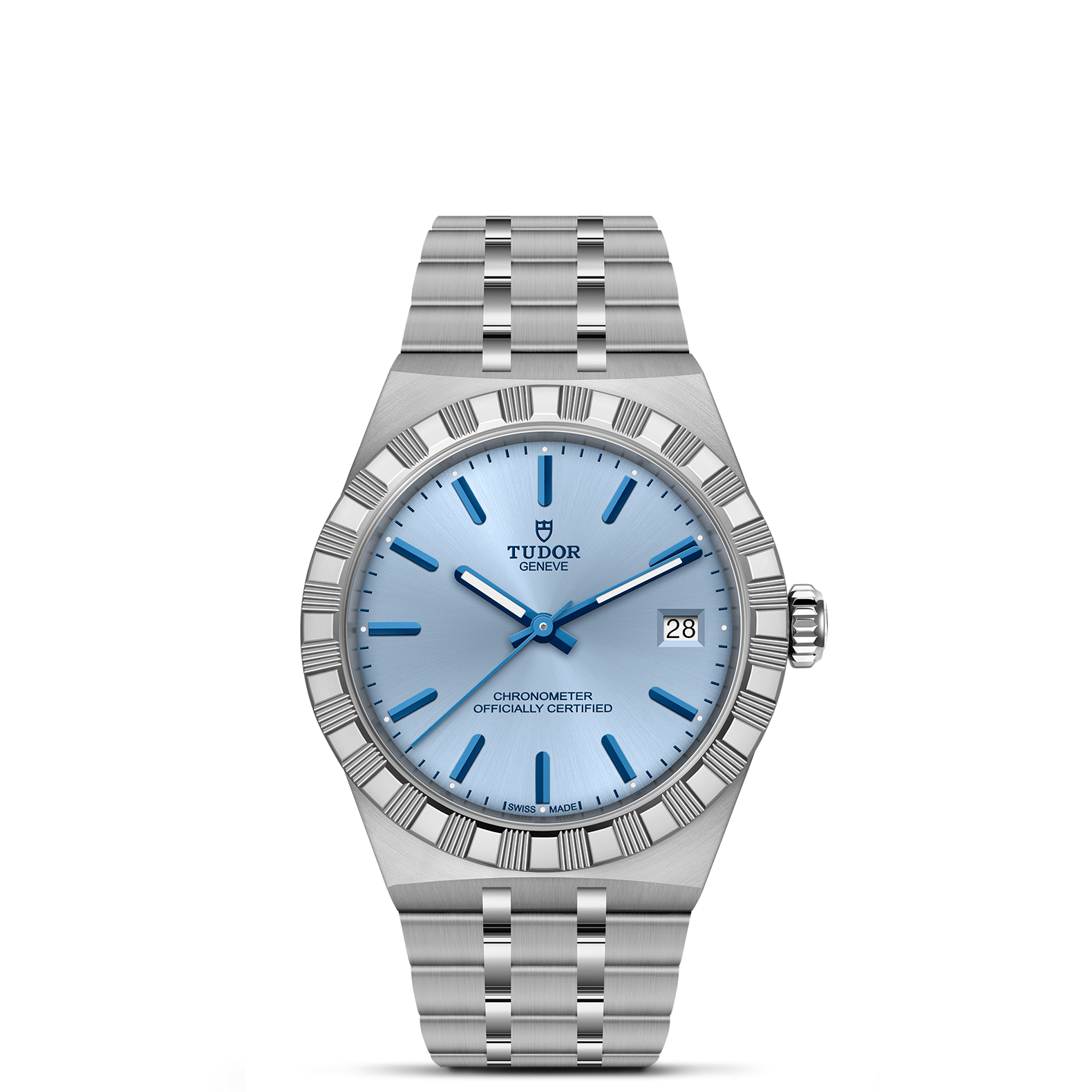 Silver watch with blue dial on a white background