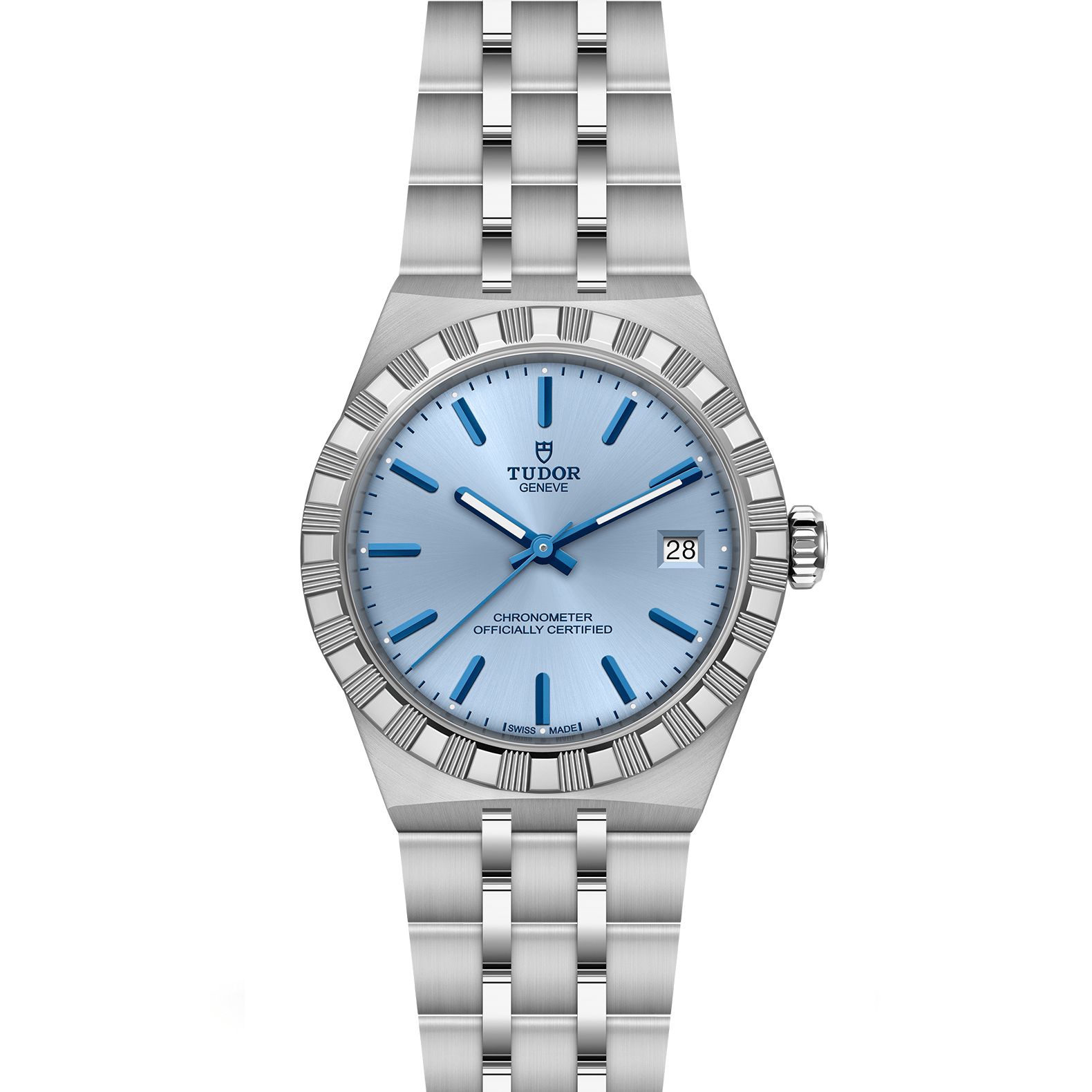 Silver watch with blue dial open bracelet on a white background