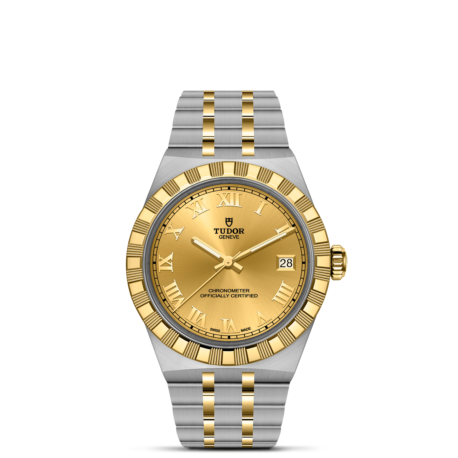 Gold and silver watch with Tudor logo on a white background