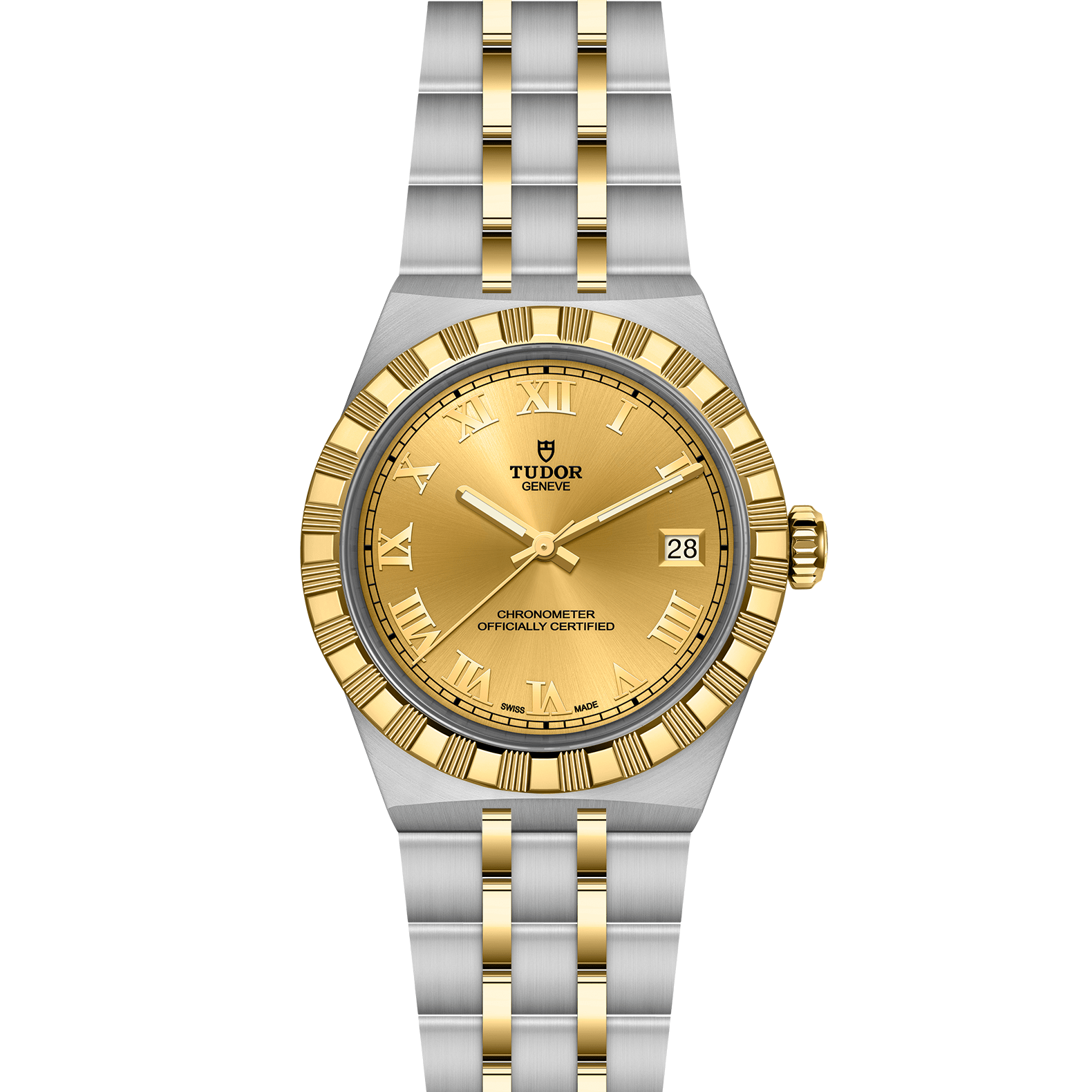 Tudor watch with gold and silver band on a white background