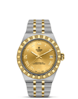 Gold and silver watch with Tudor logo on a white background