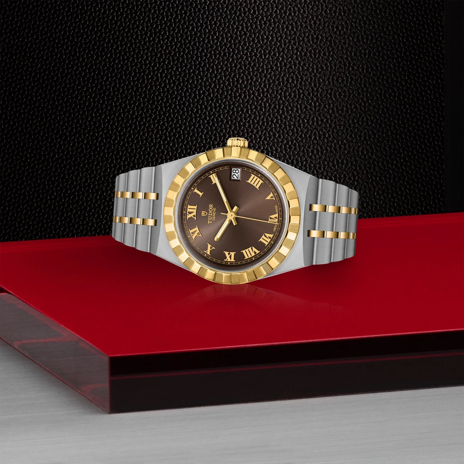 TUDOR Royal 34mm Chocolate Brown Roman Dial Steel and Yellow Gold Case- M28403-0008 - Skeie's Jewelers