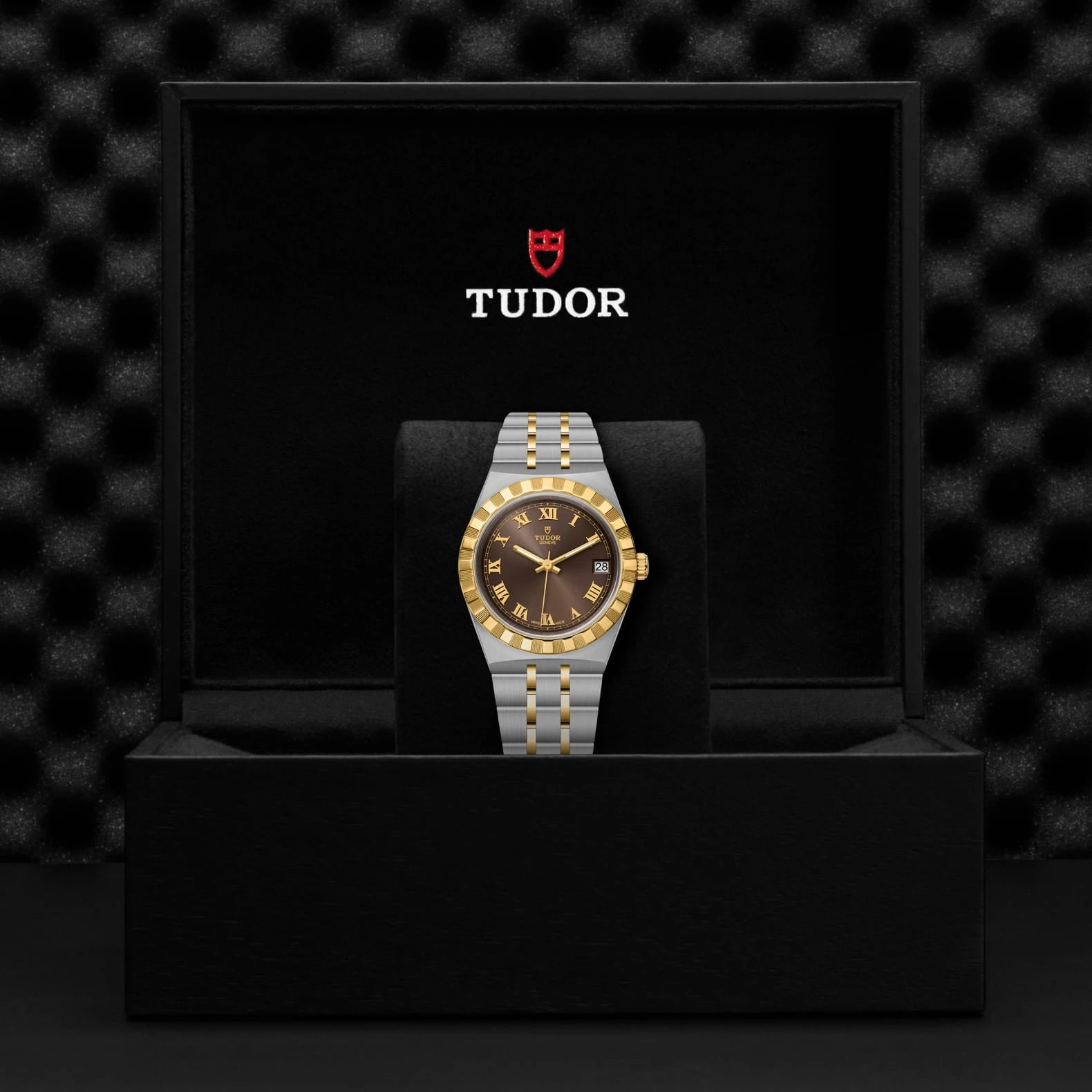 TUDOR Royal 34mm Chocolate Brown Roman Dial Steel and Yellow Gold Case- M28403-0008 - Skeie's Jewelers