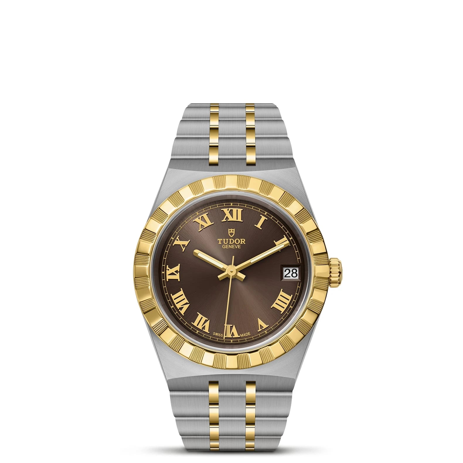 TUDOR Royal 34mm Chocolate Brown Roman Dial Steel and Yellow Gold Case- M28403-0008 - Skeie's Jewelers