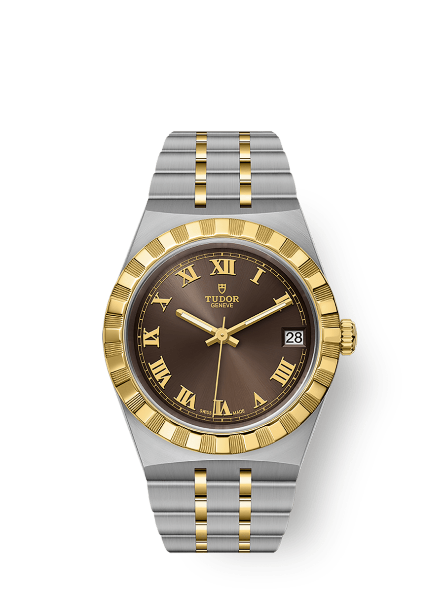 TUDOR Royal 34mm Chocolate Brown Roman Dial Steel and Yellow Gold Case- M28403-0008 - Skeie's Jewelers
