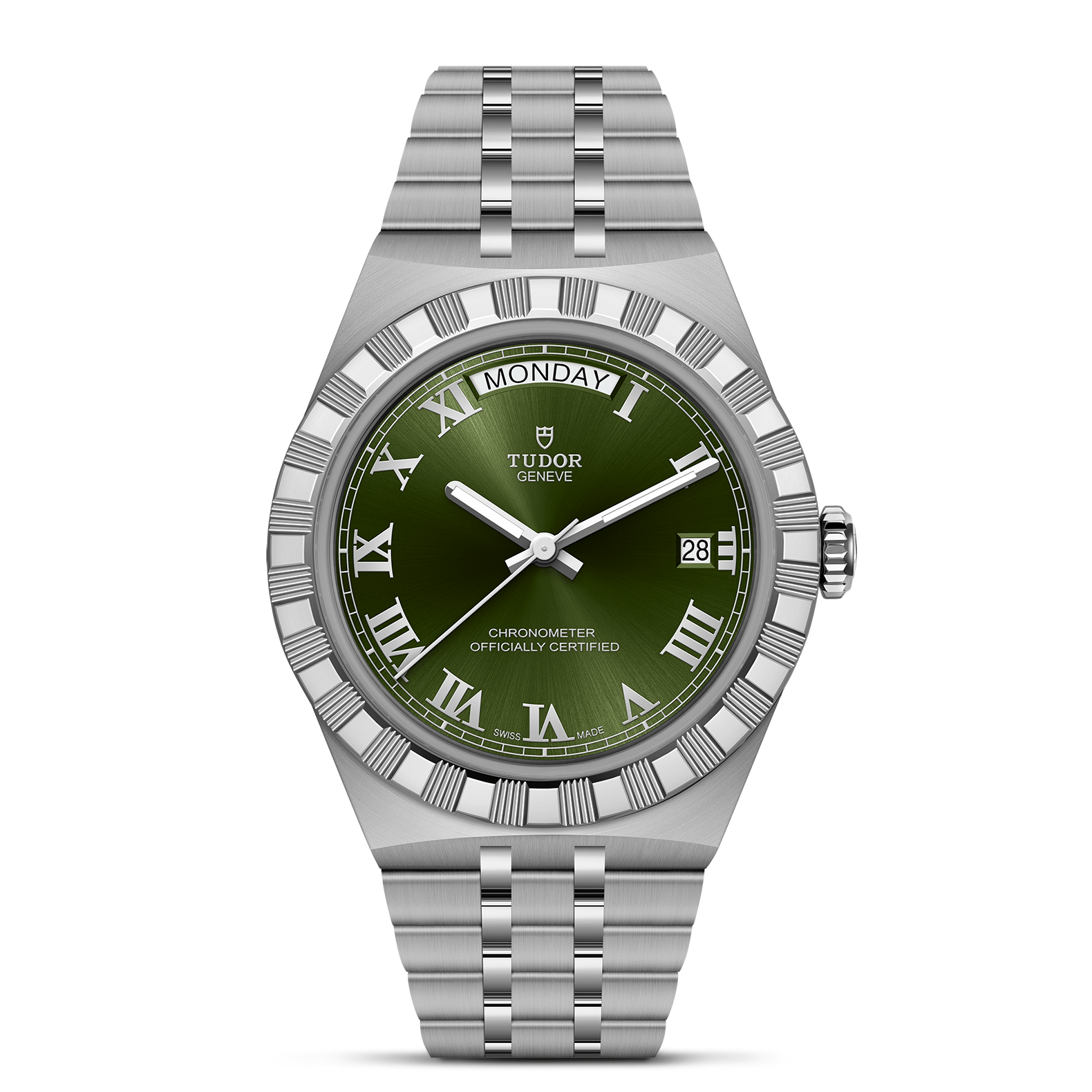 Silver watch with a green dial on a white background
