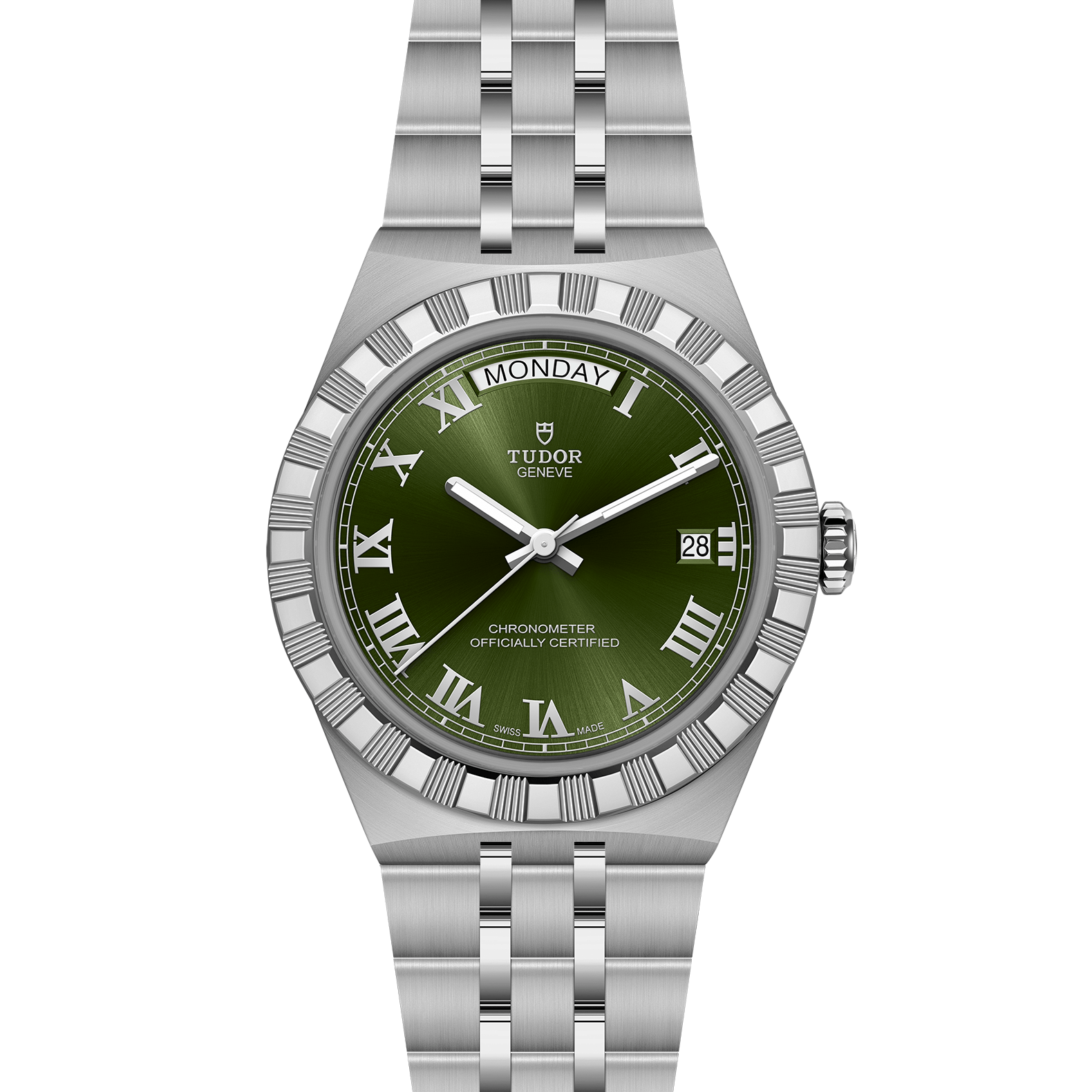 Silver watch with a green dial open bracelet on a white background