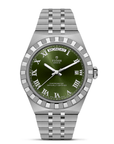 Silver watch with a green dial on a white background