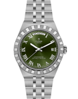 Silver watch with a green dial open bracelet on a white background