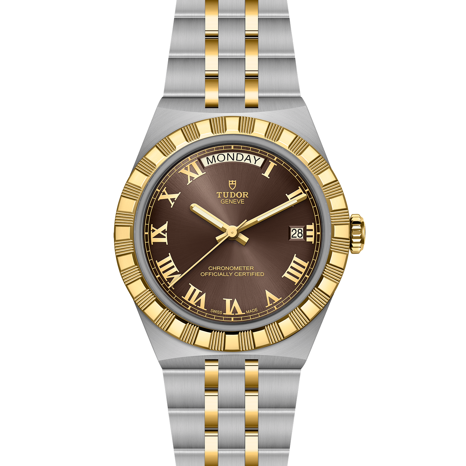 Tudor watch with silver and gold open bracelet on a white background