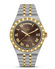 Tudor watch with brown dial and gold accents on a white background