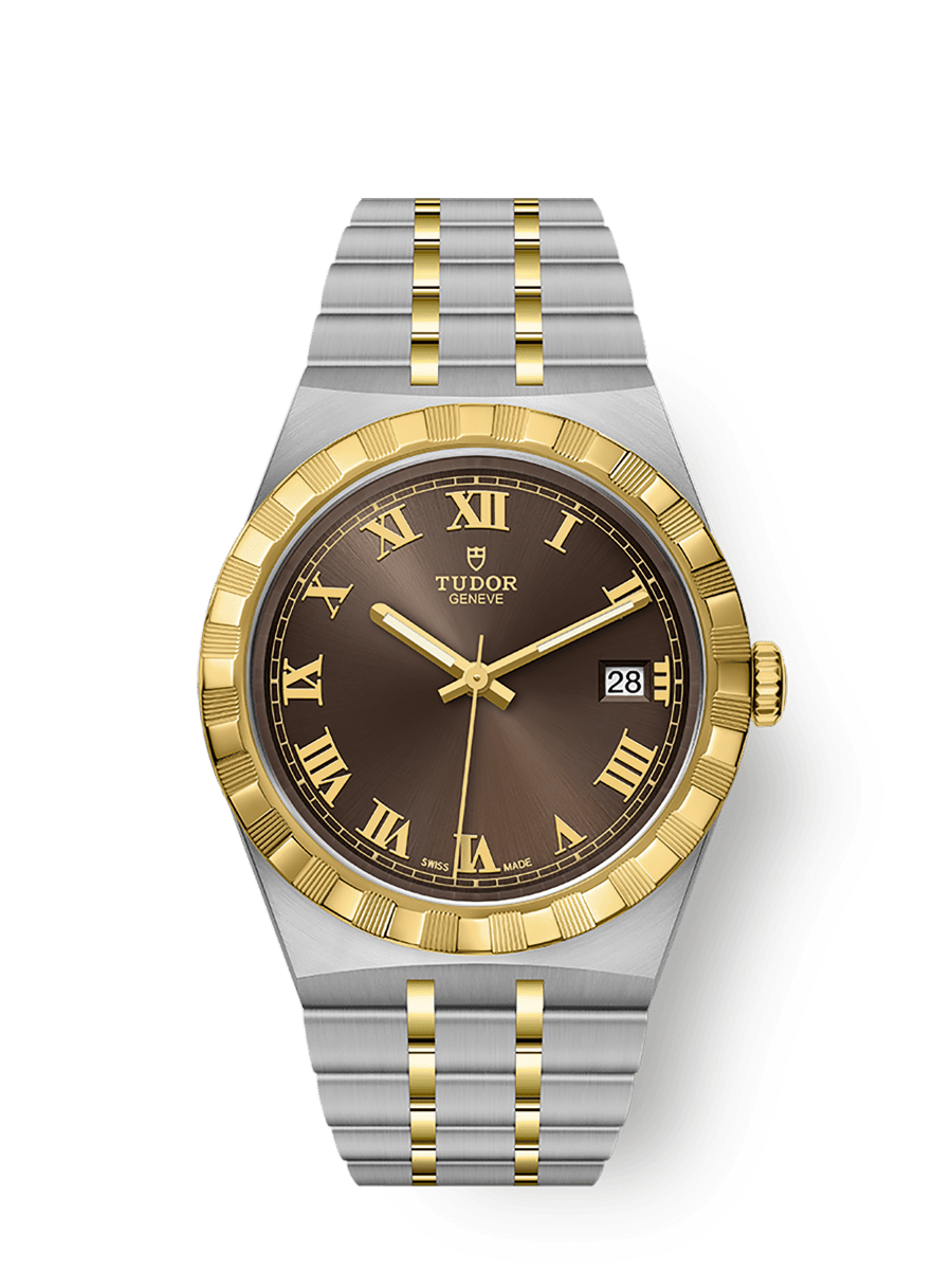 TUDOR Royal 38mm Chocolate Brown Roman Dial Steel and Yellow Gold Case-M28503-0007 - Skeie's Jewelers