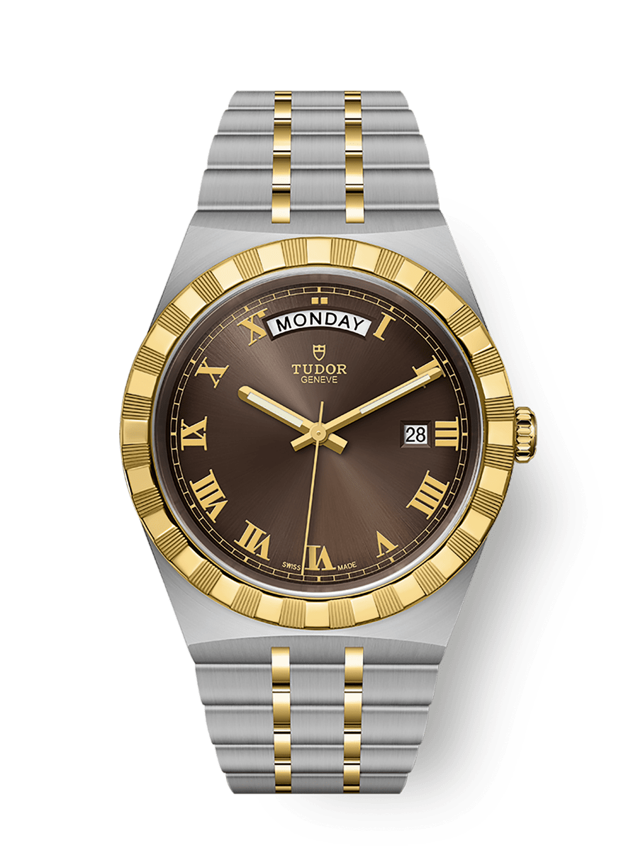 TUDOR Royal 41mm Chocolate Brown Roman Dial Steel and Yellow Gold Case-M28603-0007 - Skeie's Jewelers