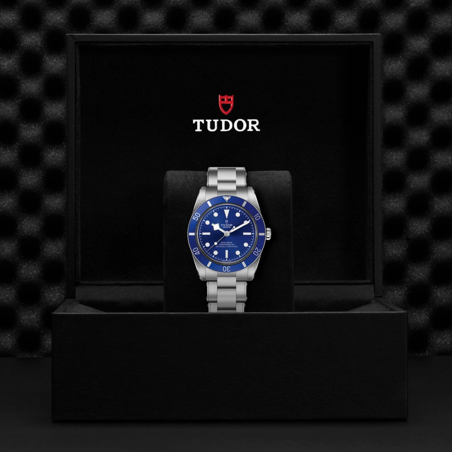 Tudor watch with blue face and silver case on a black display stand against a dark textured background.