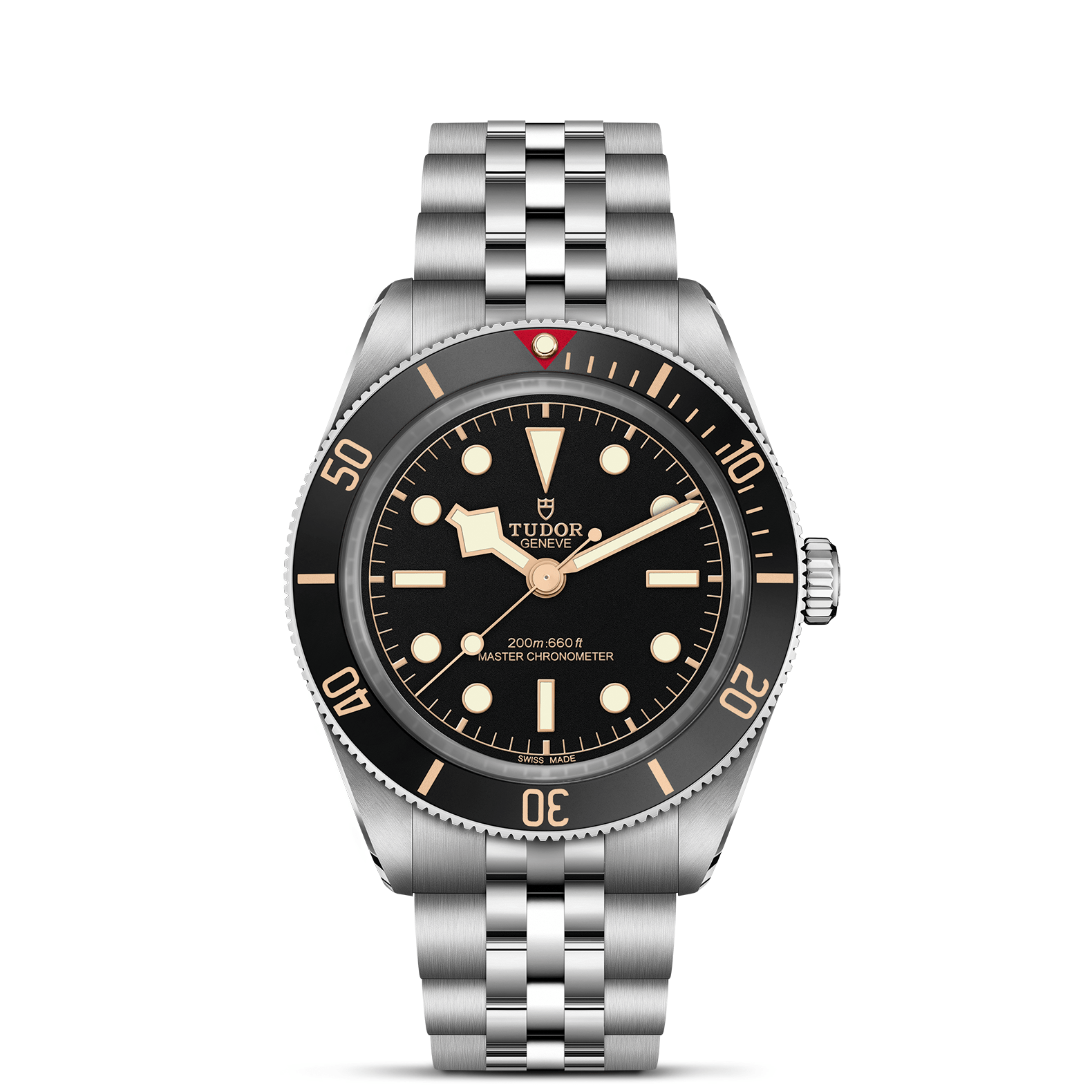 Tudor watch with black dial and silver bracelet on a white background