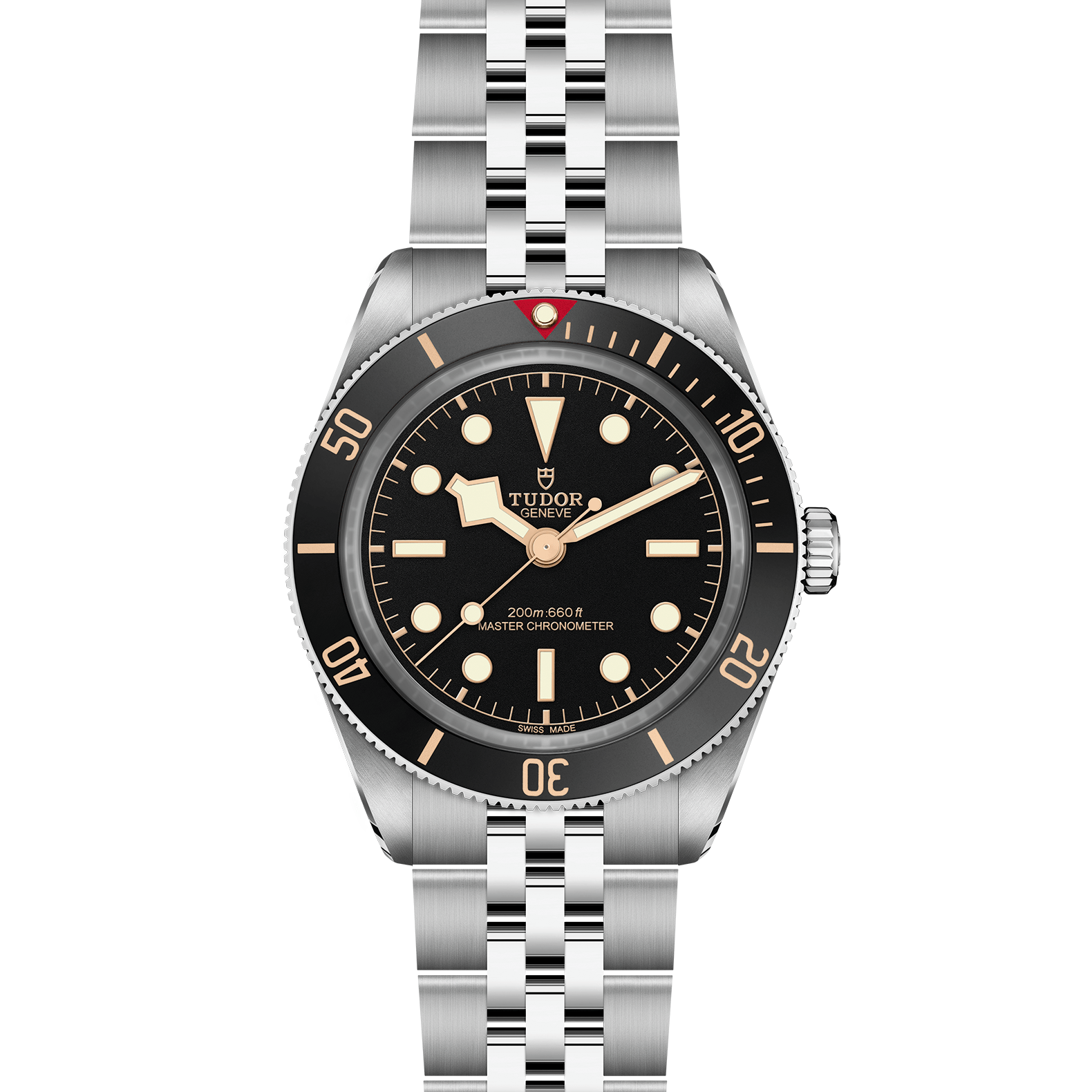Tudor watch with black dial and silver open bracelet on a white background
