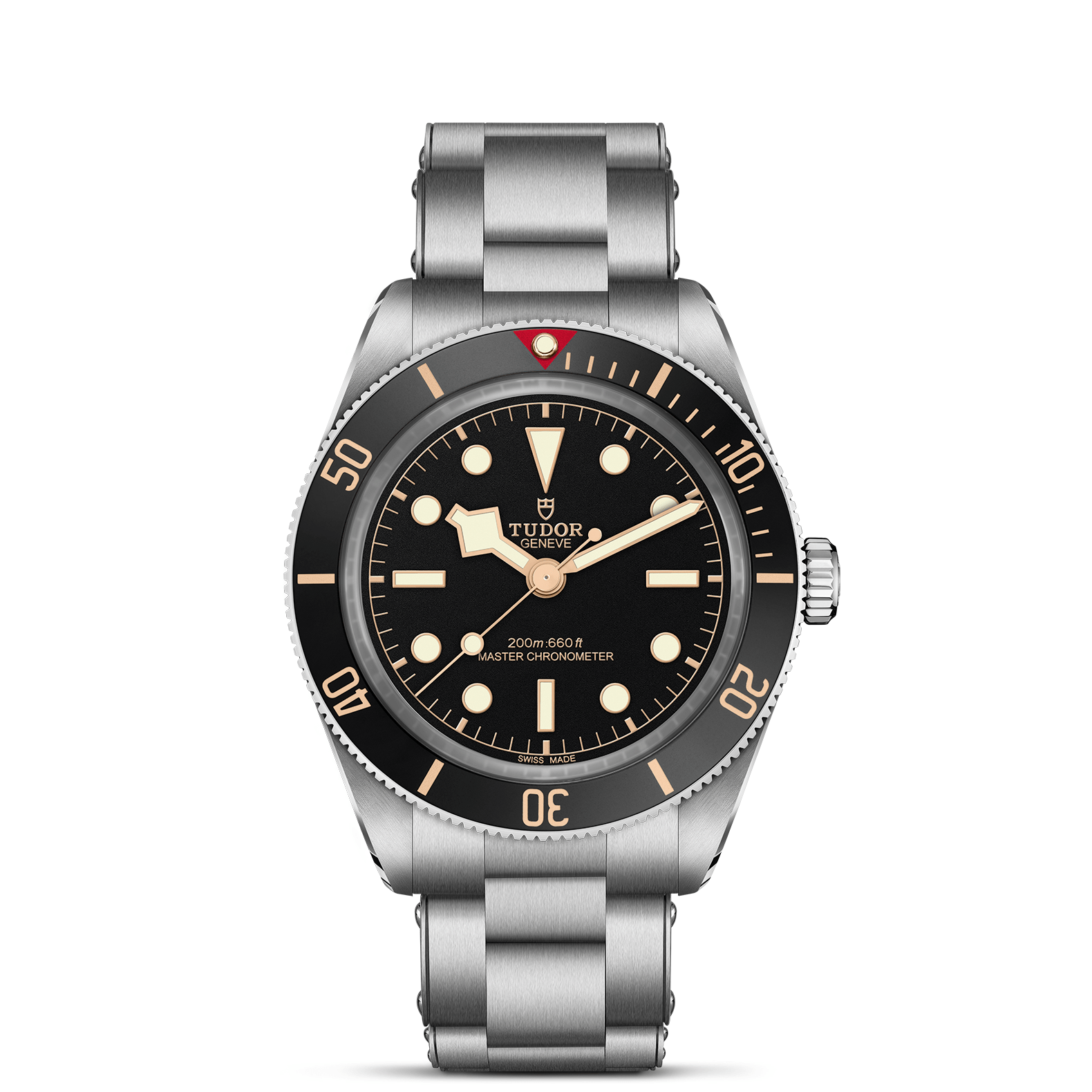 Tudor watch with black dial and silver metal strap on a white background