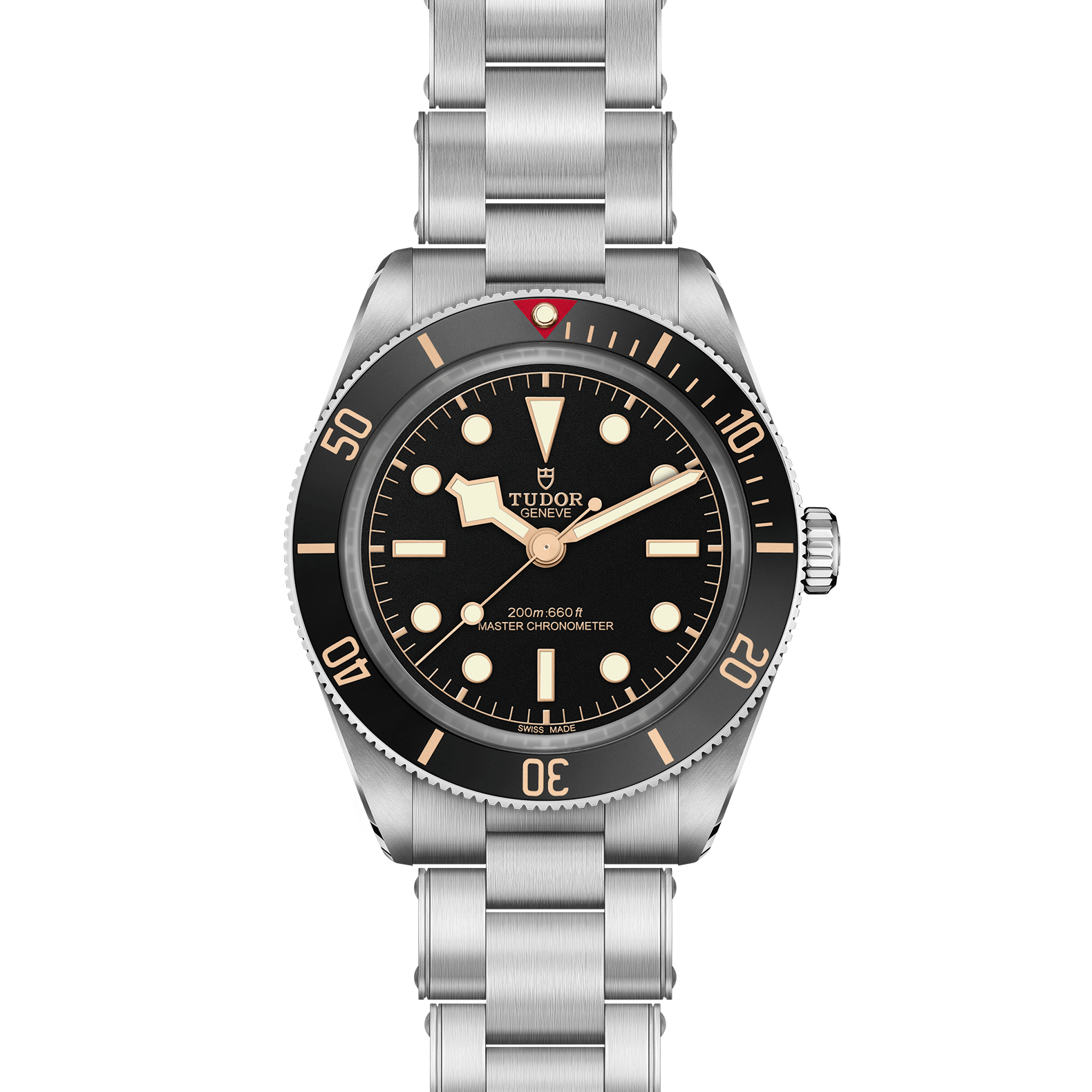 Tudor watch with black dial and silver open bracelet on a white background