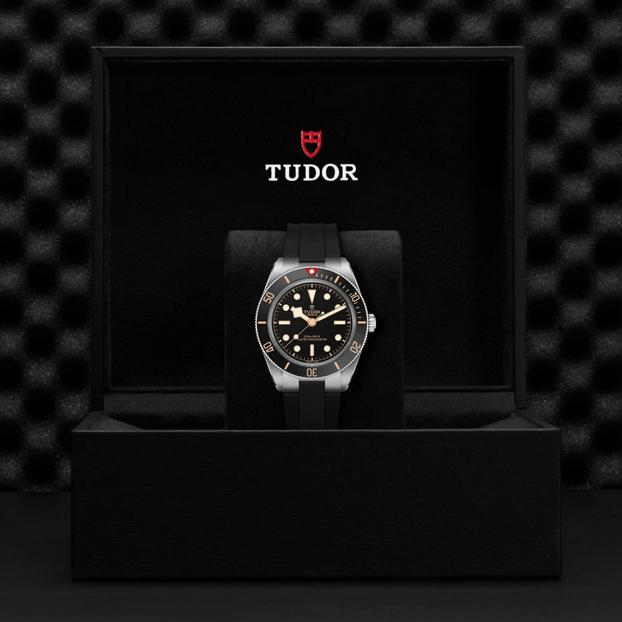Tudor watch in a black display case with a dark textured background