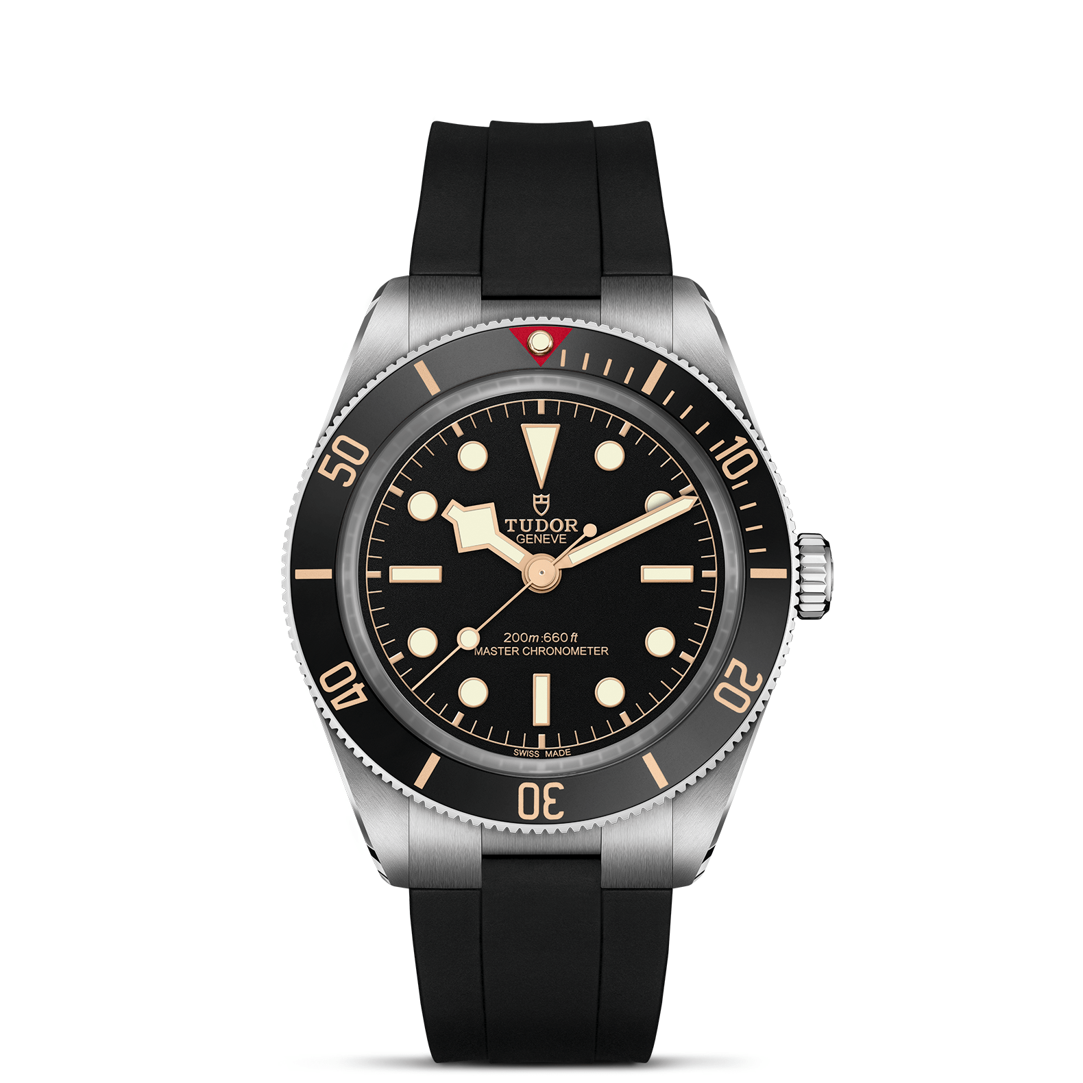 Tudor watch with black strap and black dial on a white background