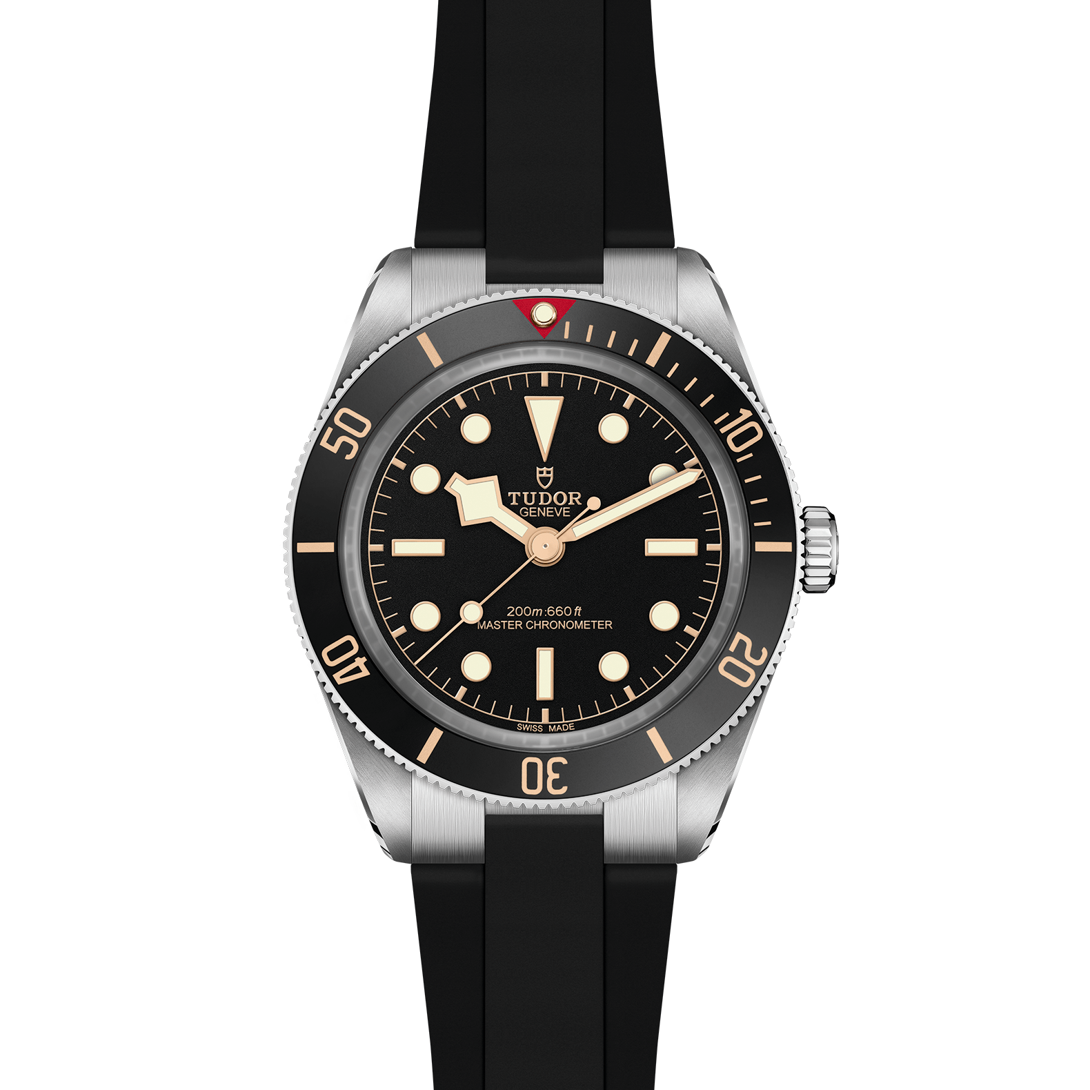 Tudor watch with open black strap and black dial on a white background