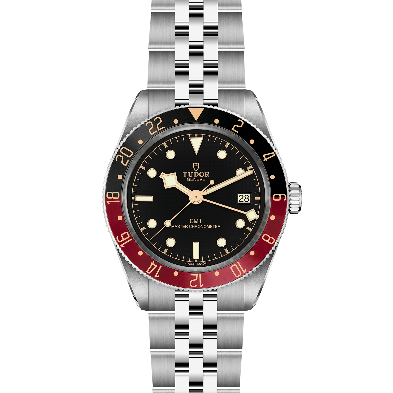 Silver Tudor with black and red dial -  M25600TN-0001 upright open bracelet on white background