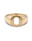 A polished yellow gold signet ring featuring a large, open oval letter 'O' face, set against a clean white background.