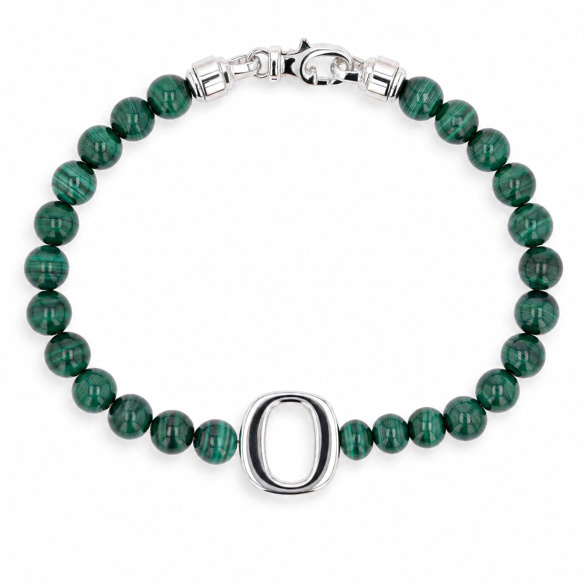 A beaded bracelet made of polished green malachite beads with a silver-toned oval centerpiece and clasp, shown on a plain white background.