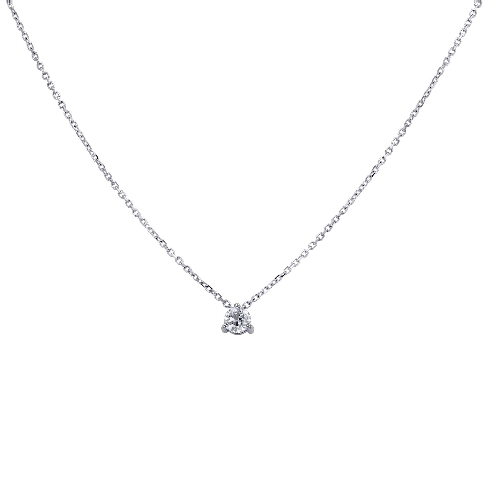 A 0.25 carat round brilliant diamond solitaire pendant set in a 14k white gold 3-prong martini setting, suspended from a delicate 18-inch white gold cable chain on a crisp white background.