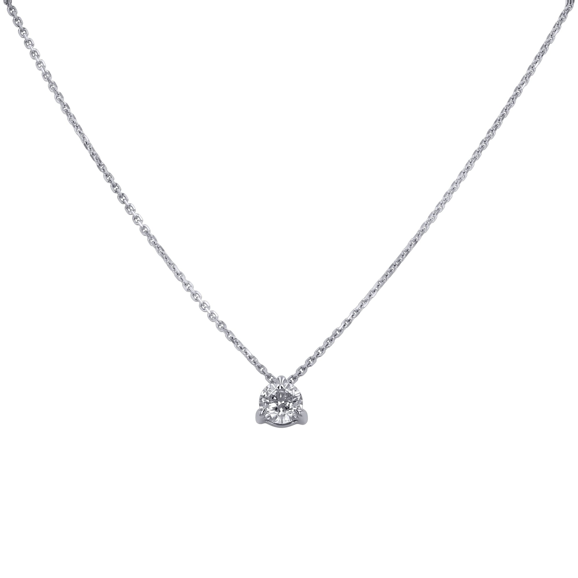 A 0.50 carat round brilliant diamond solitaire pendant showcased in a 14k white gold 3-prong setting, attached to an 18-inch white gold chain and centered on a solid white background.