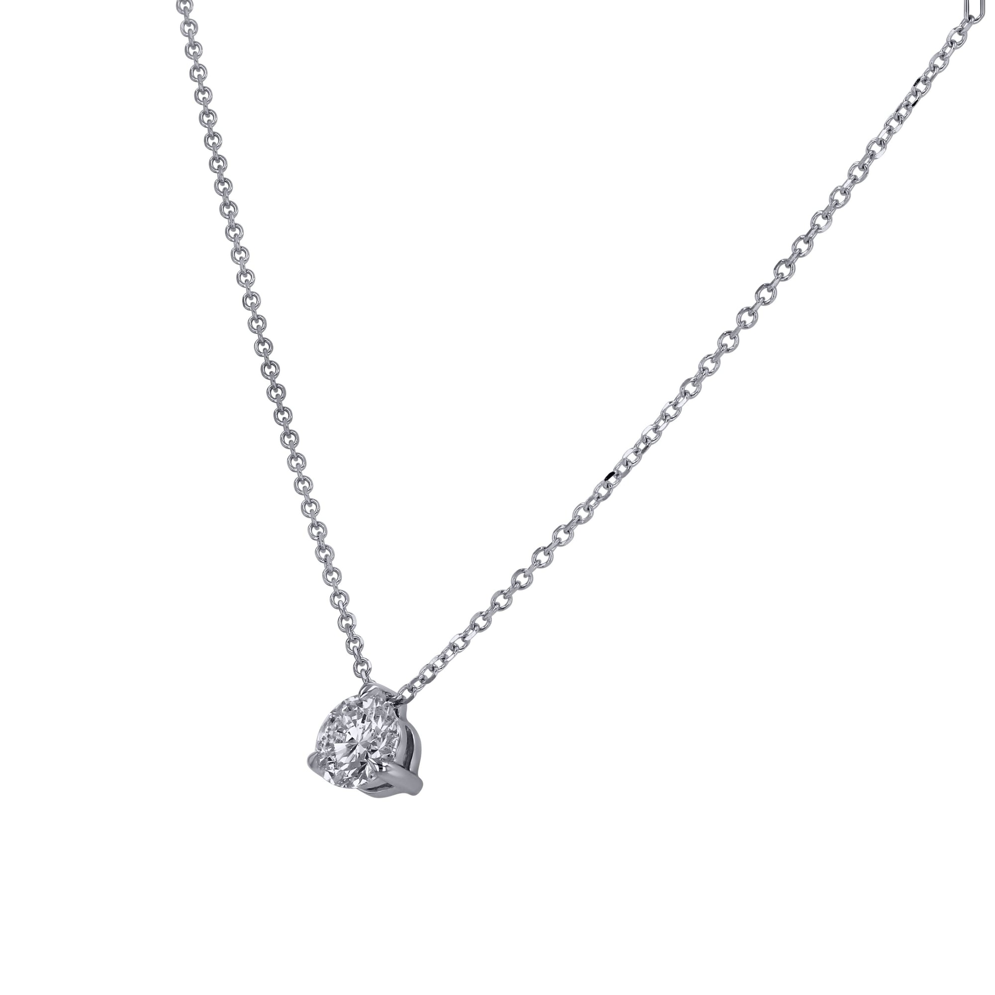 A prominent 0.75 carat round brilliant diamond solitaire necklace in a 14k white gold 3-prong mounting, displayed angled on a clean white background.