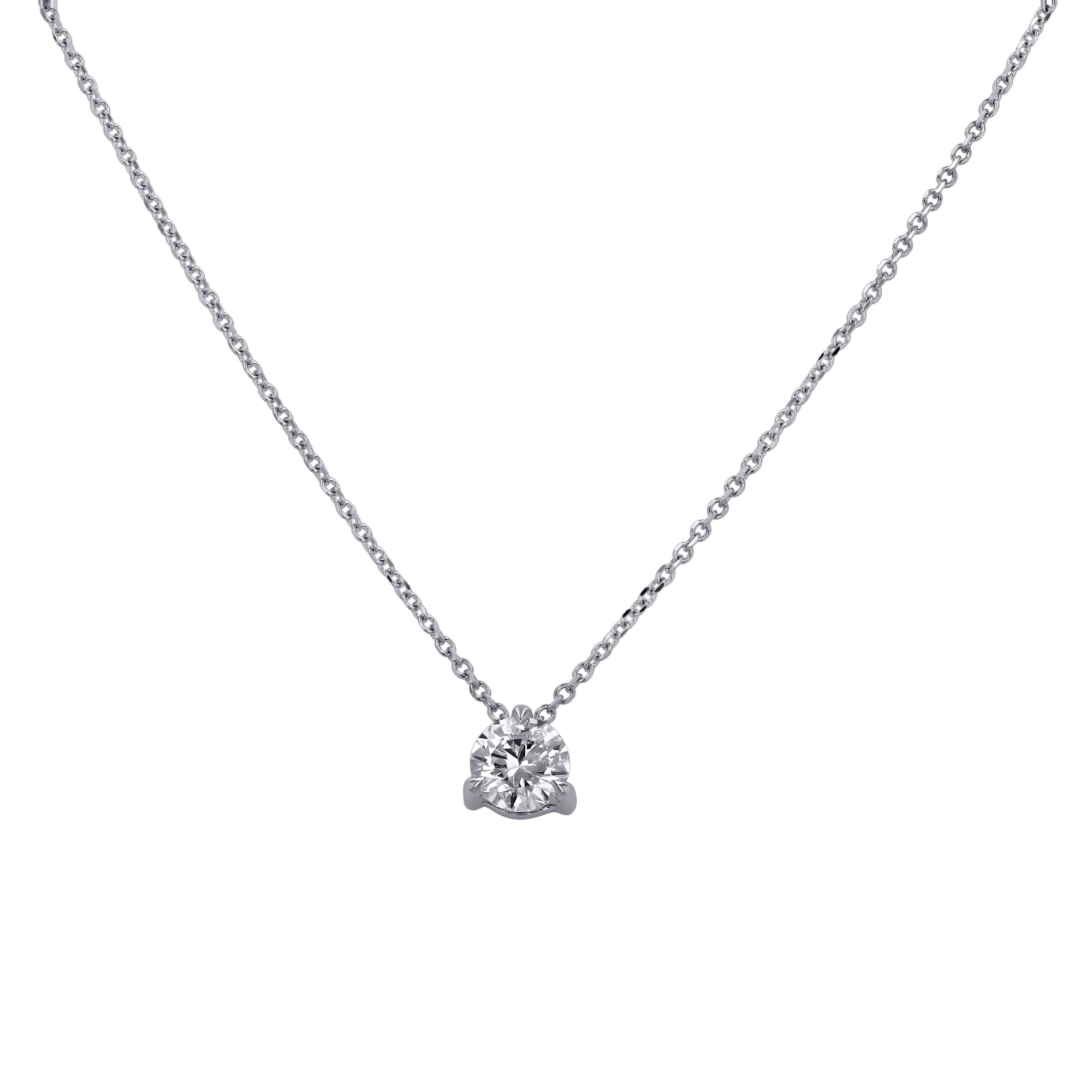 A prominent 0.75 carat round brilliant diamond solitaire necklace in a 14k white gold 3-prong mounting, displayed horizontally on a clean white background.