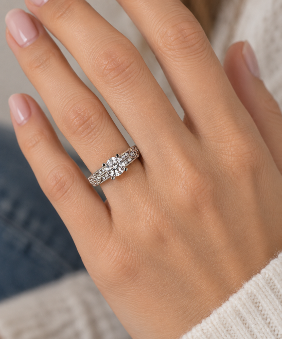 A close-up of a person's hand wearing a silver-toned diamond ring with a round-cut center stone and smaller diamonds along the band.