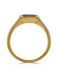 side of yellow gold ring with diamonds on a white background