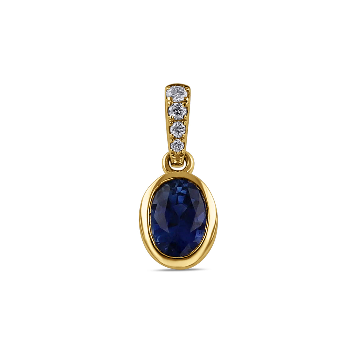 yellow gold pendant with diamond accents and and oval blue stone on a white background