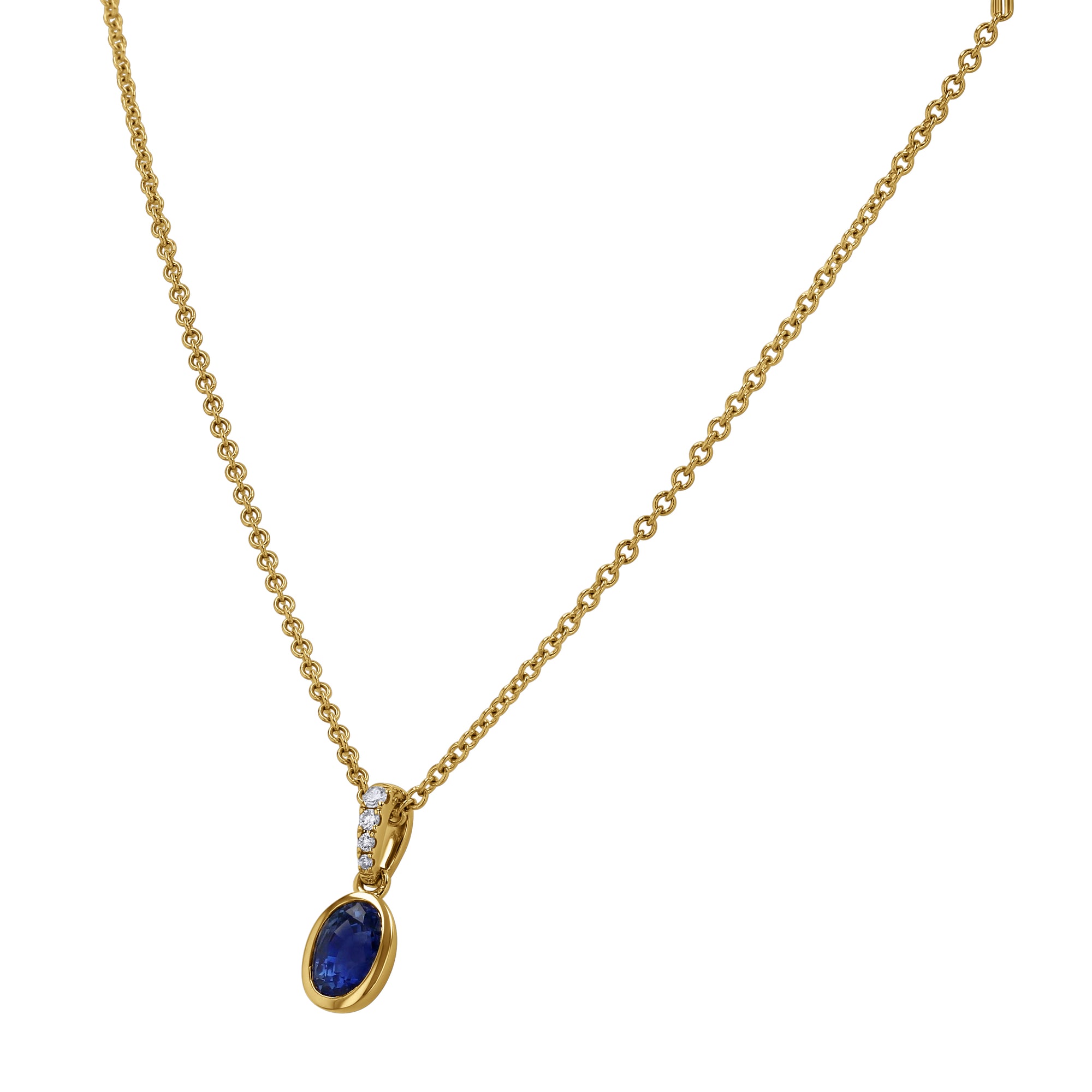 yellow pendant and chain with blue center stone and diamond accents angled on a white background