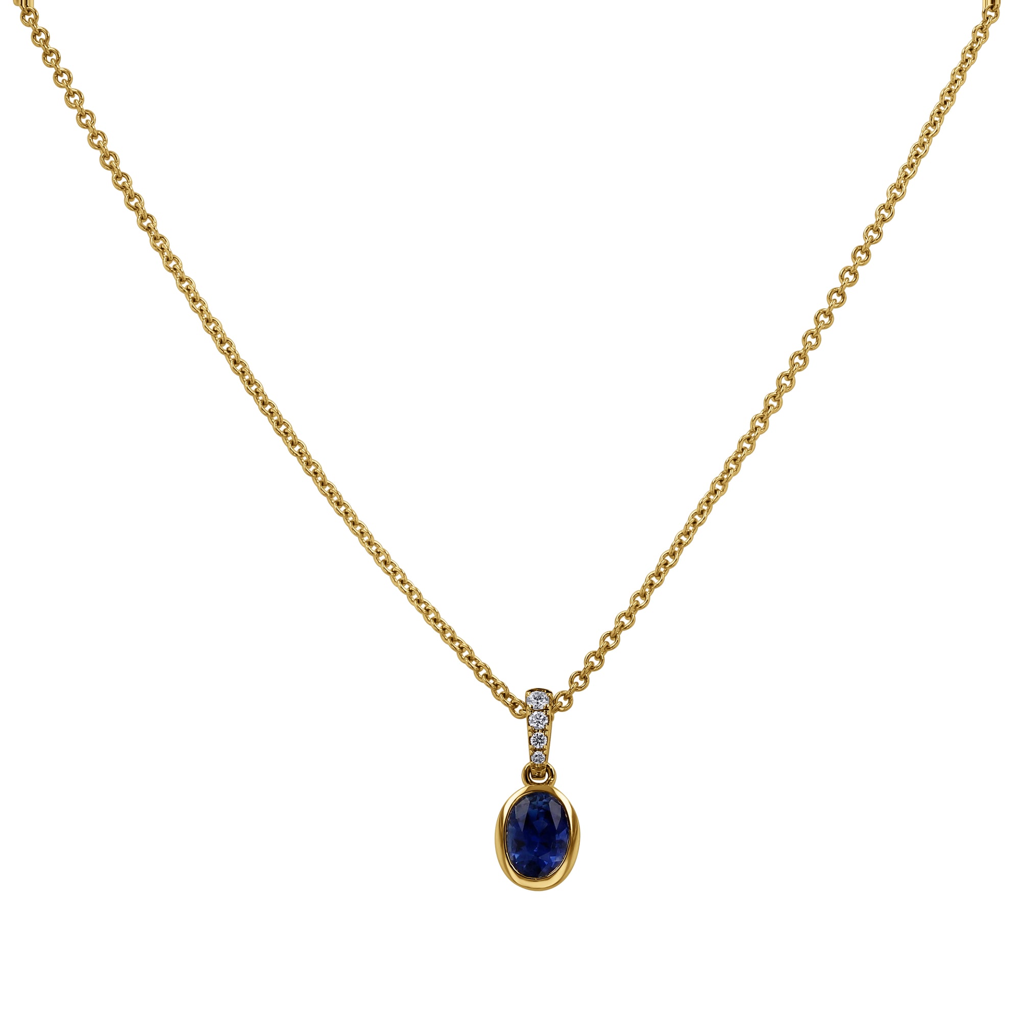 yellow pendant and chain with blue center stone and diamond accents on a white background