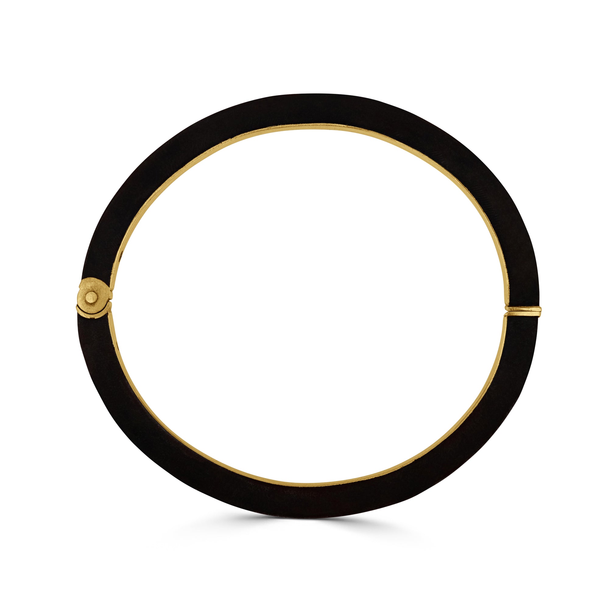 Black circular bracelet with gold accents on a white background