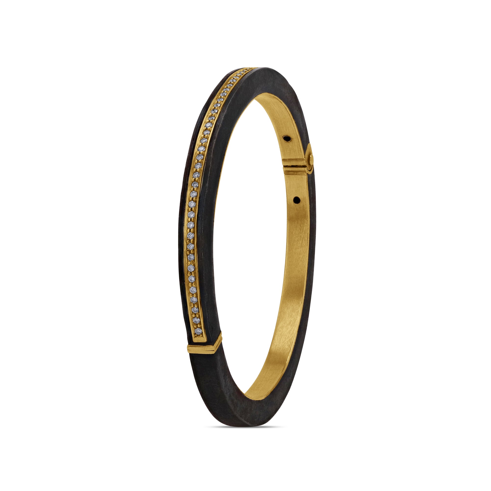 Gold and black bracelet with diamond accents on a white background