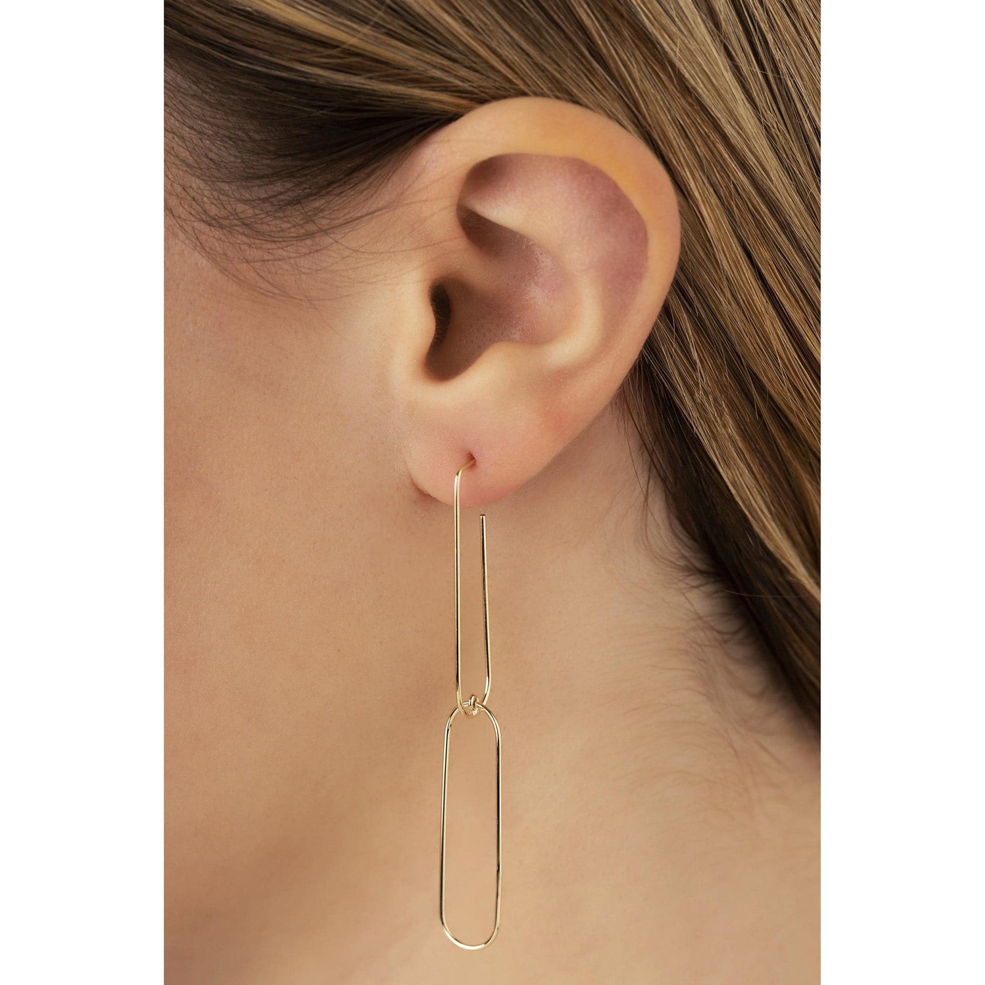 Long Oval Dangle Earrings in Yellow Gold by Carla | Nancy B. Modeled