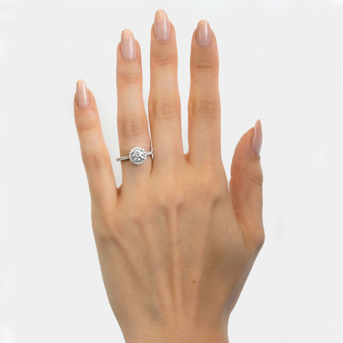 Round Diamond Halo Sidestone Engagement Ring in White Gold Modeled