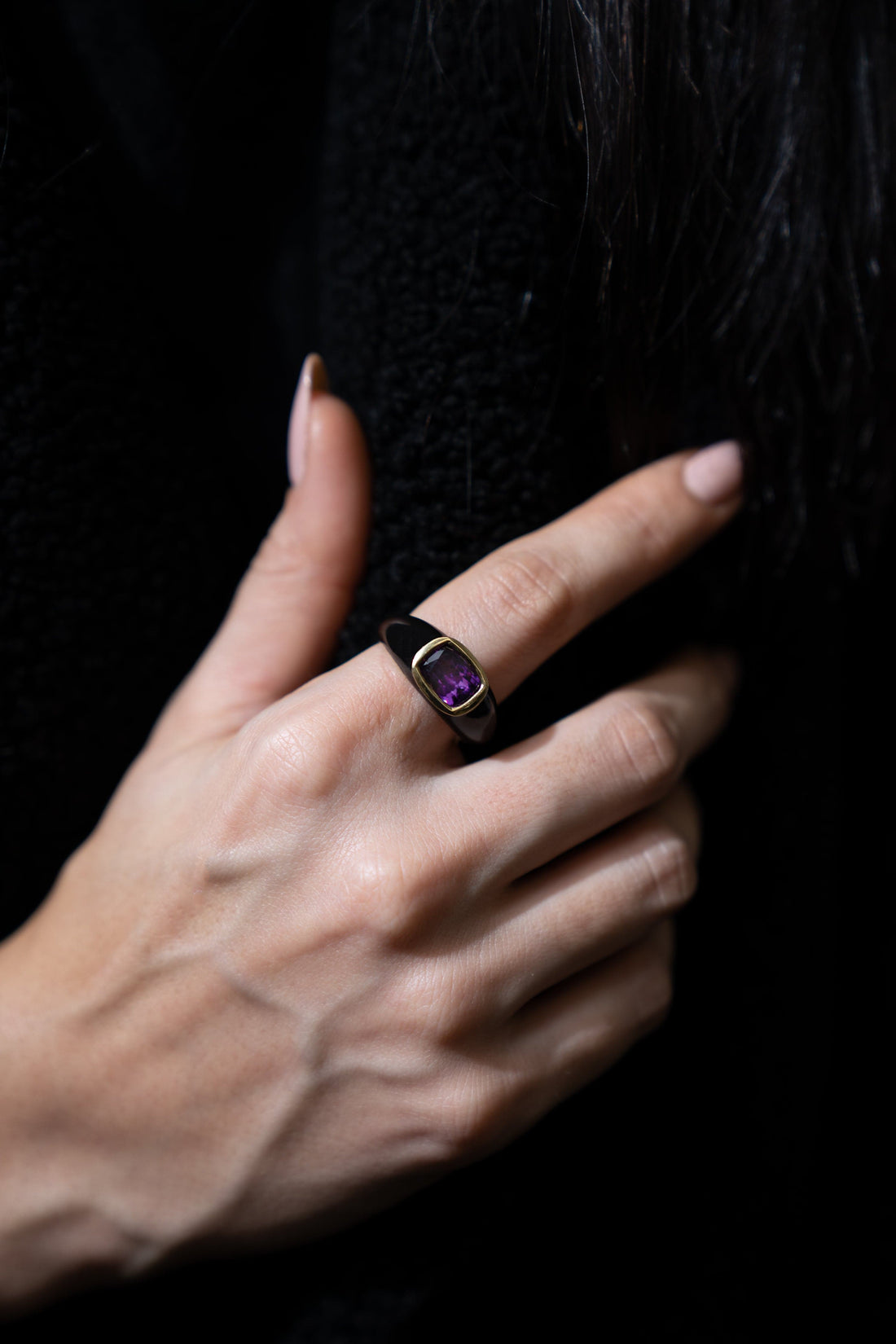 Enamel and Yellow Gold Ring with Cushion Cut Purple Garnet - Skeie's Jewelers