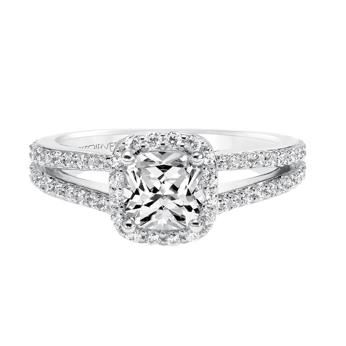 Diamond Split Shoulder Halo White Gold Engagement Ring Front