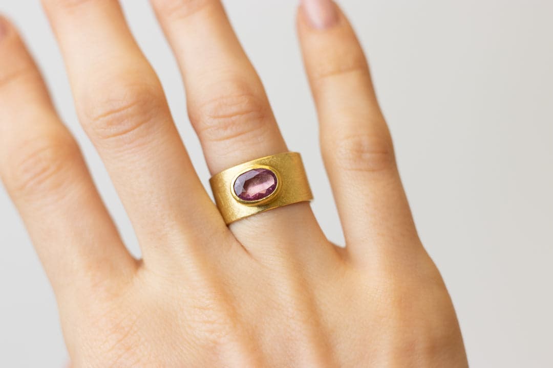 Petra Class Yellow Gold Oval Pink Sapphire Wide Band