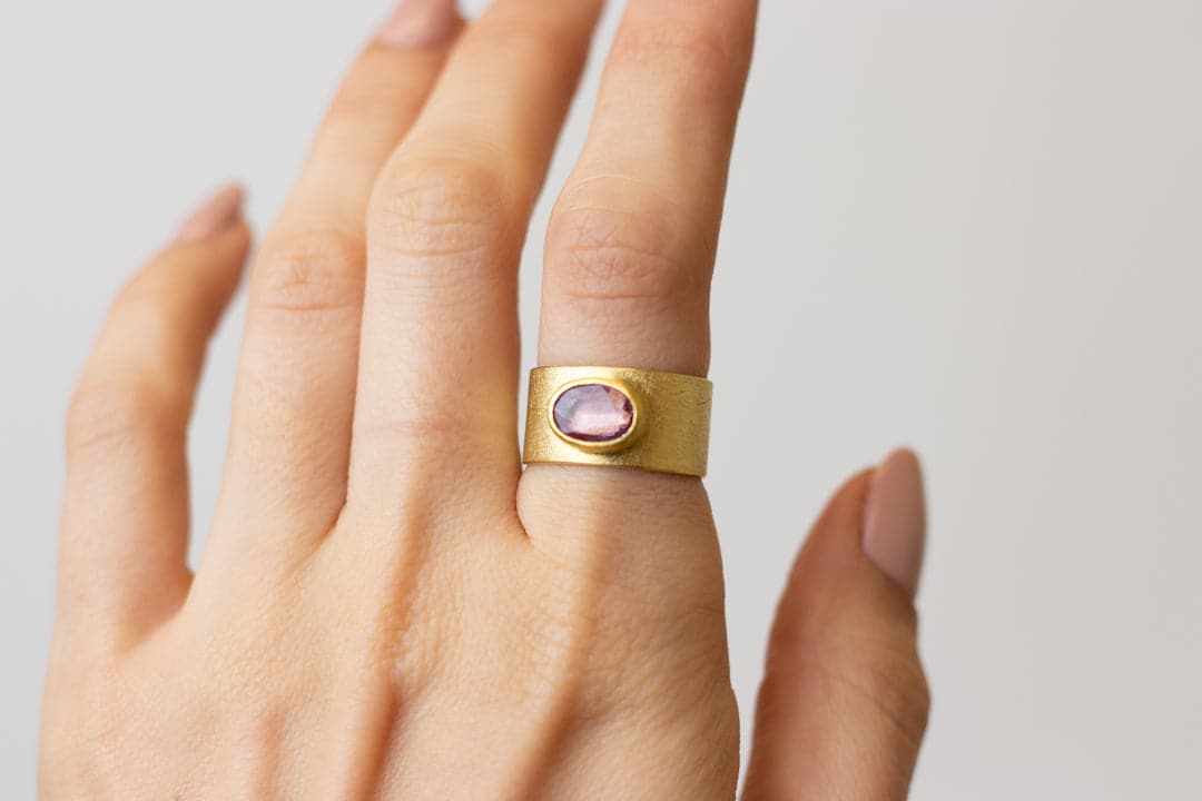 Petra Class Yellow Gold Oval Pink Sapphire Wide Band