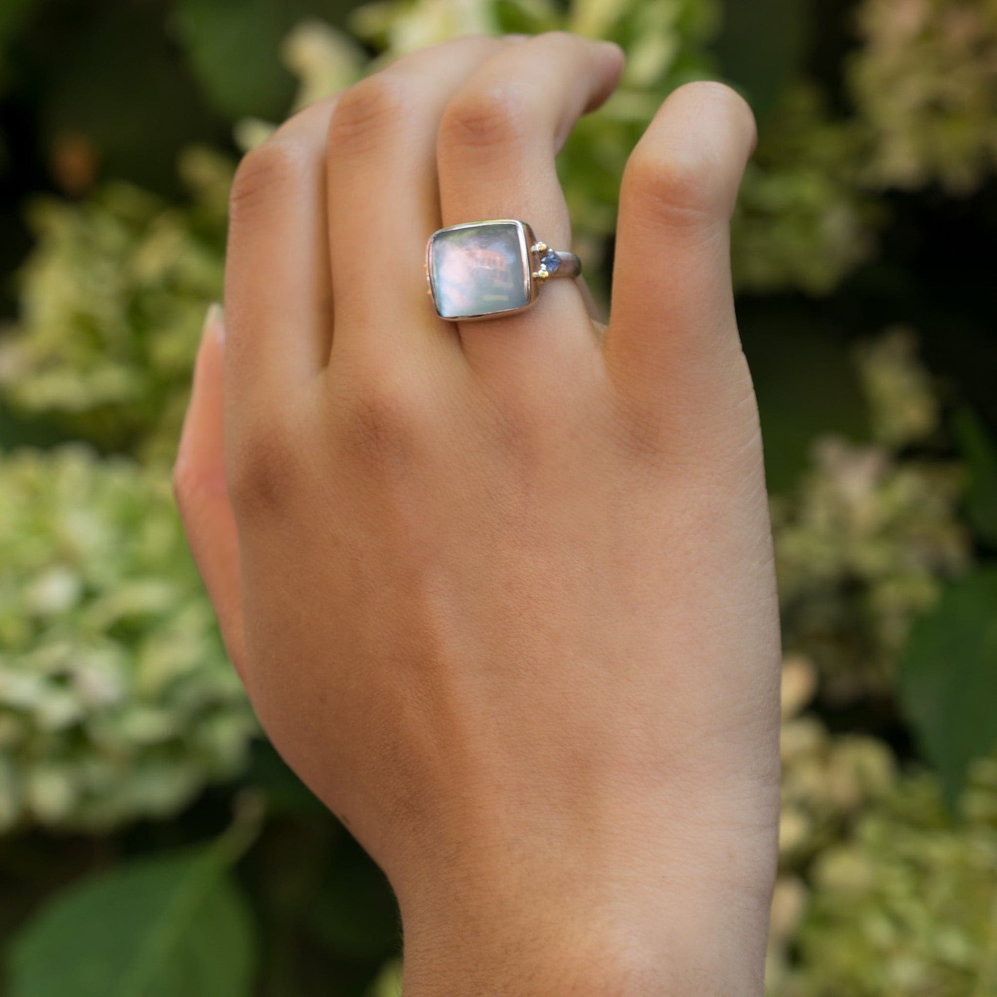 Lika Behar 'Kami' Blue Topaz/Mother of Pearl & Sapphire Ring modeled